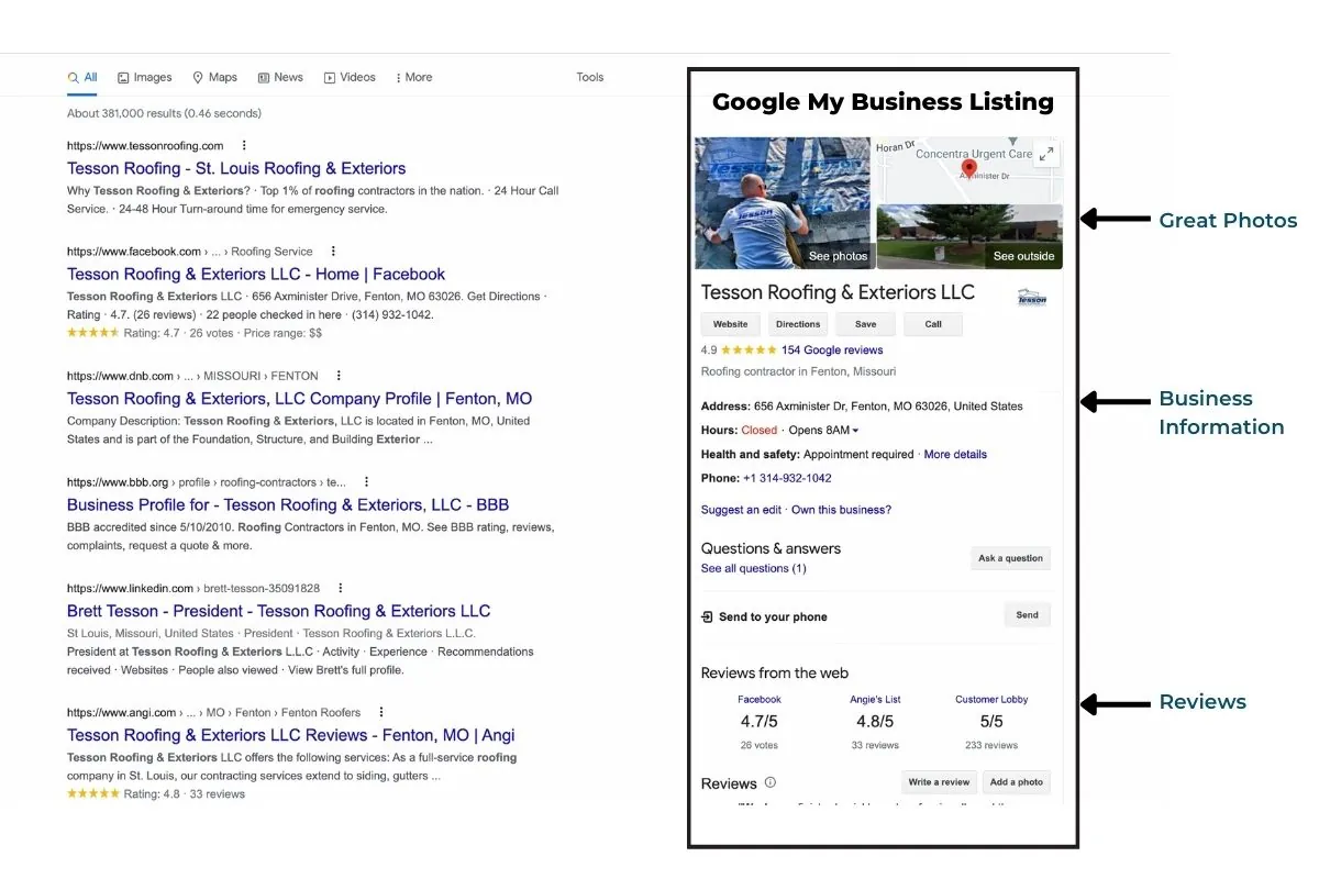 검색결과 페이지에 표시되는 Google 비즈니스 목록의 예