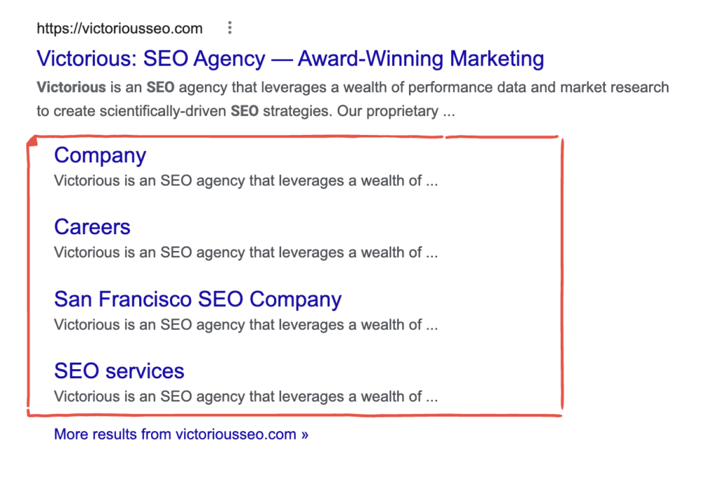 Ejemplo de enlaces de sitio de Google