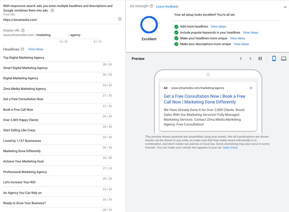Annuncio di ricerca reattivo di Google
