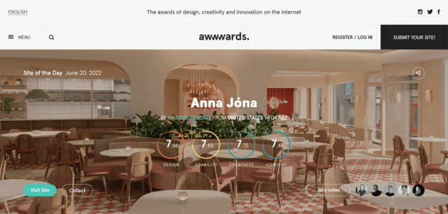 Uno screenshot del sito web di wwwards