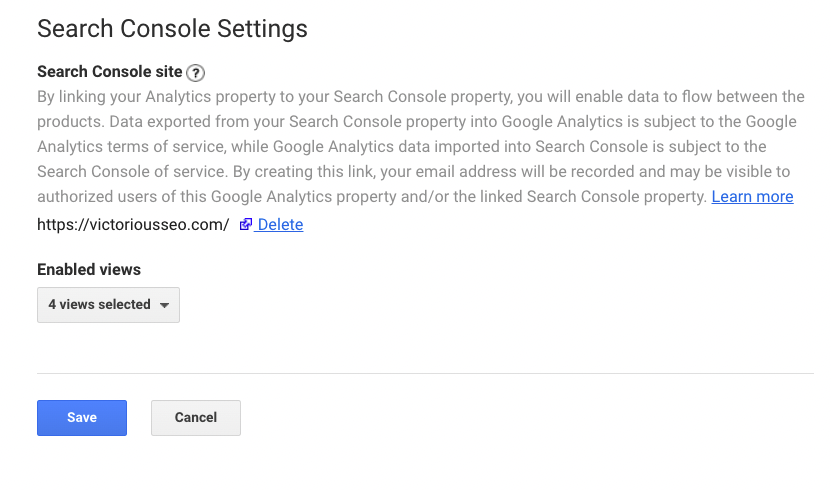 configuración de la consola de búsqueda en la captura de pantalla de Google Analytics