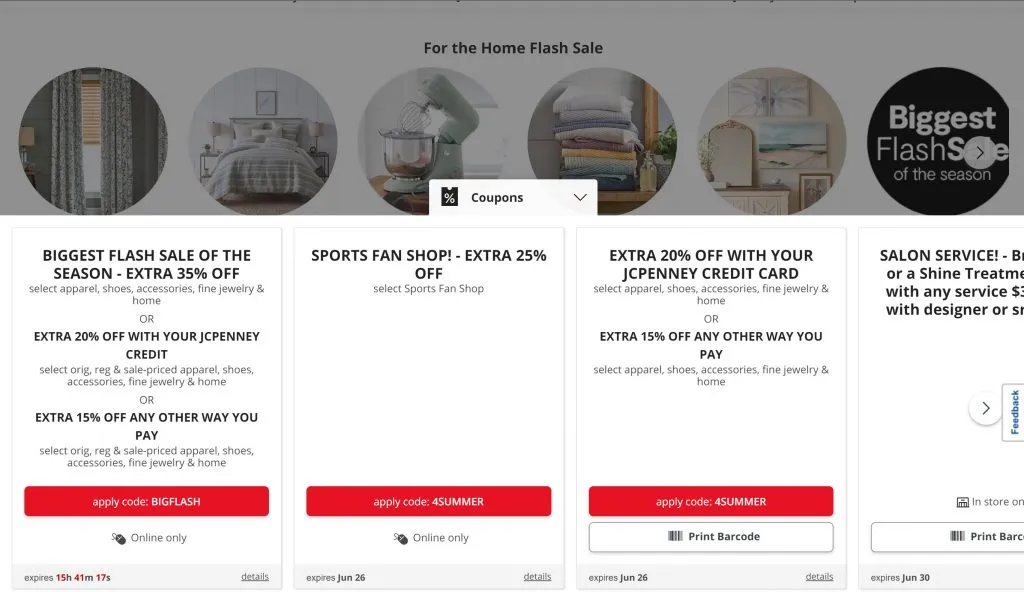 captura de tela de jcp.com mostrando botões de código promocional clicáveis