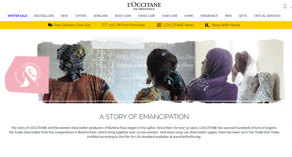 لقطة شاشة لصفحة L'Occitane About - 3 أمثلة لسرد القصص - Copify blog