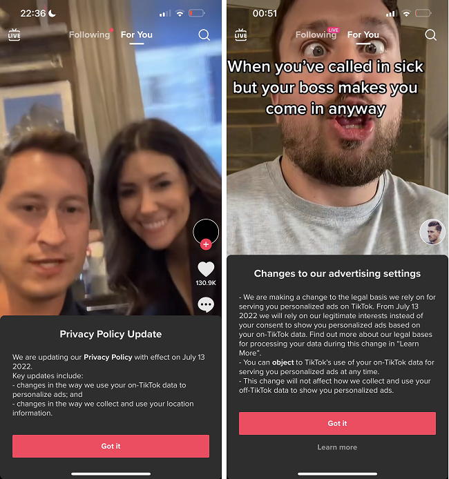 TikTok veri gizliliği bildirimleri