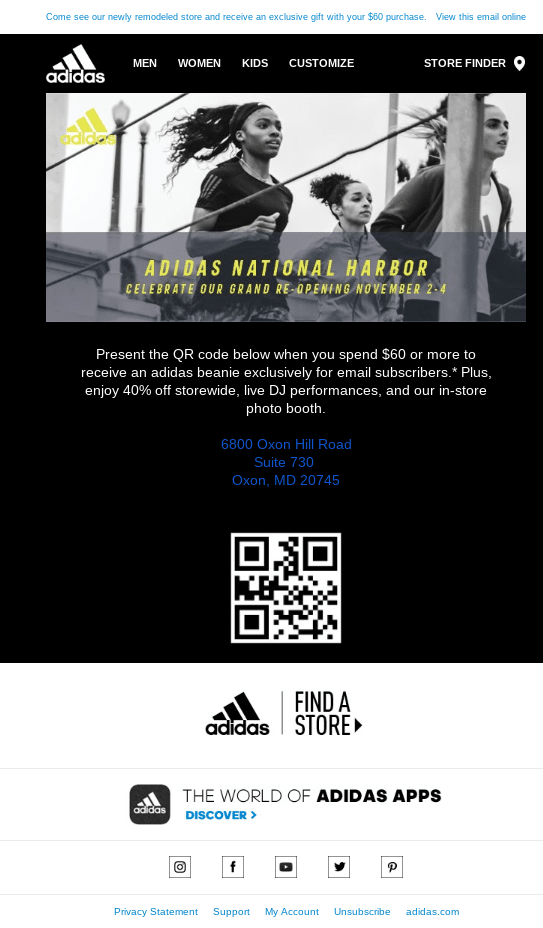 อีเมลนี้จาก Adidas ได้รับการปรับเปลี่ยนในแบบของคุณโดยพิจารณาจากตำแหน่งที่ลูกค้าเป้าหมายลงทะเบียน เชิญชวนเธอเข้าร่วมงานเปิดตัวอย่างยิ่งใหญ่