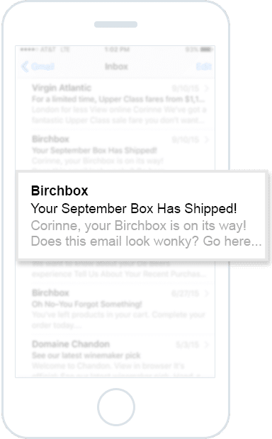 pra-tajuk adalah teks abu-abu di bawah baris subjek "Birchbox: Kotak September Anda Telah Dikirim".
