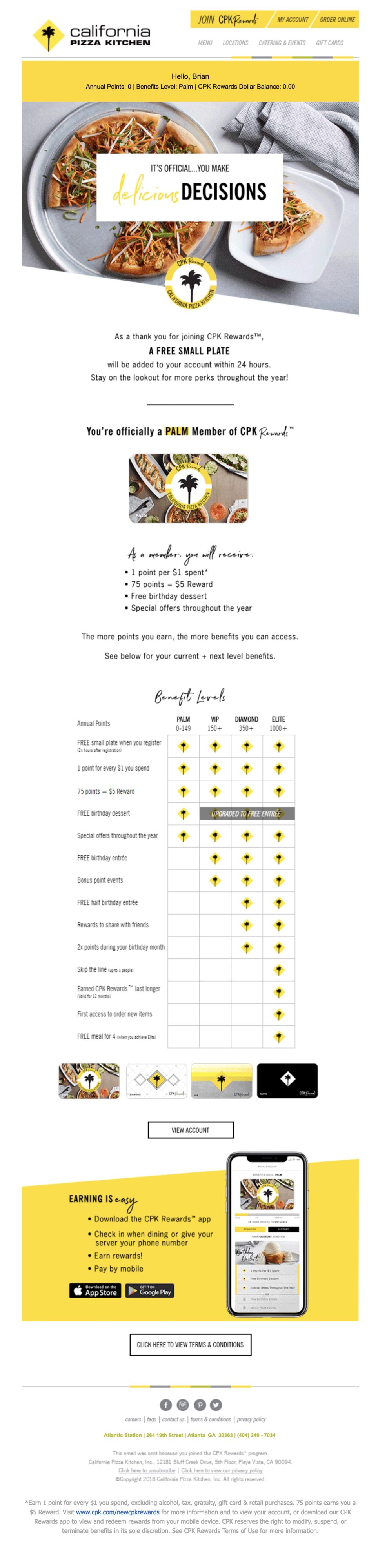 California Pizza Kitchen melakukan pekerjaan yang baik dengan email sambutannya karena berbagai alasan.