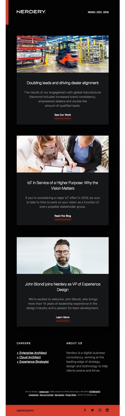 Contoh Buletin Email yang menampilkan hierarki unik dan yang memperjelas penggunaan tipografi dan piramida terbalik untuk memandu mata pembaca.