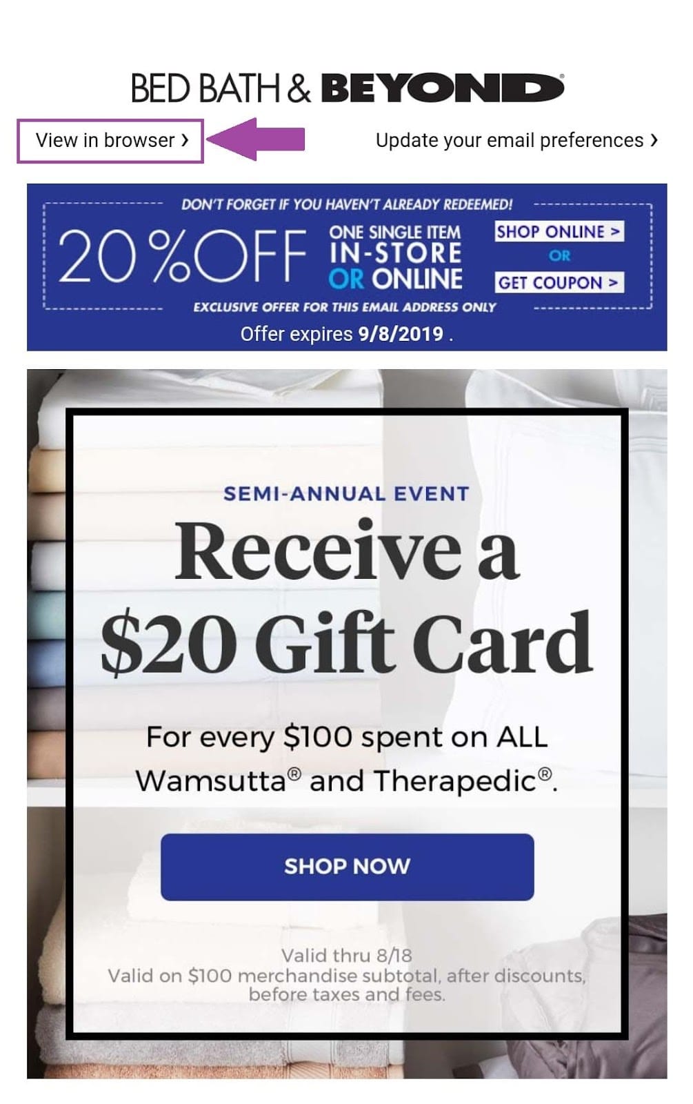 Bed Bath & Beyond include il collegamento "visualizza in" nell'intestazione dell'e-mail e lo etichetta come "visualizza nel browser".