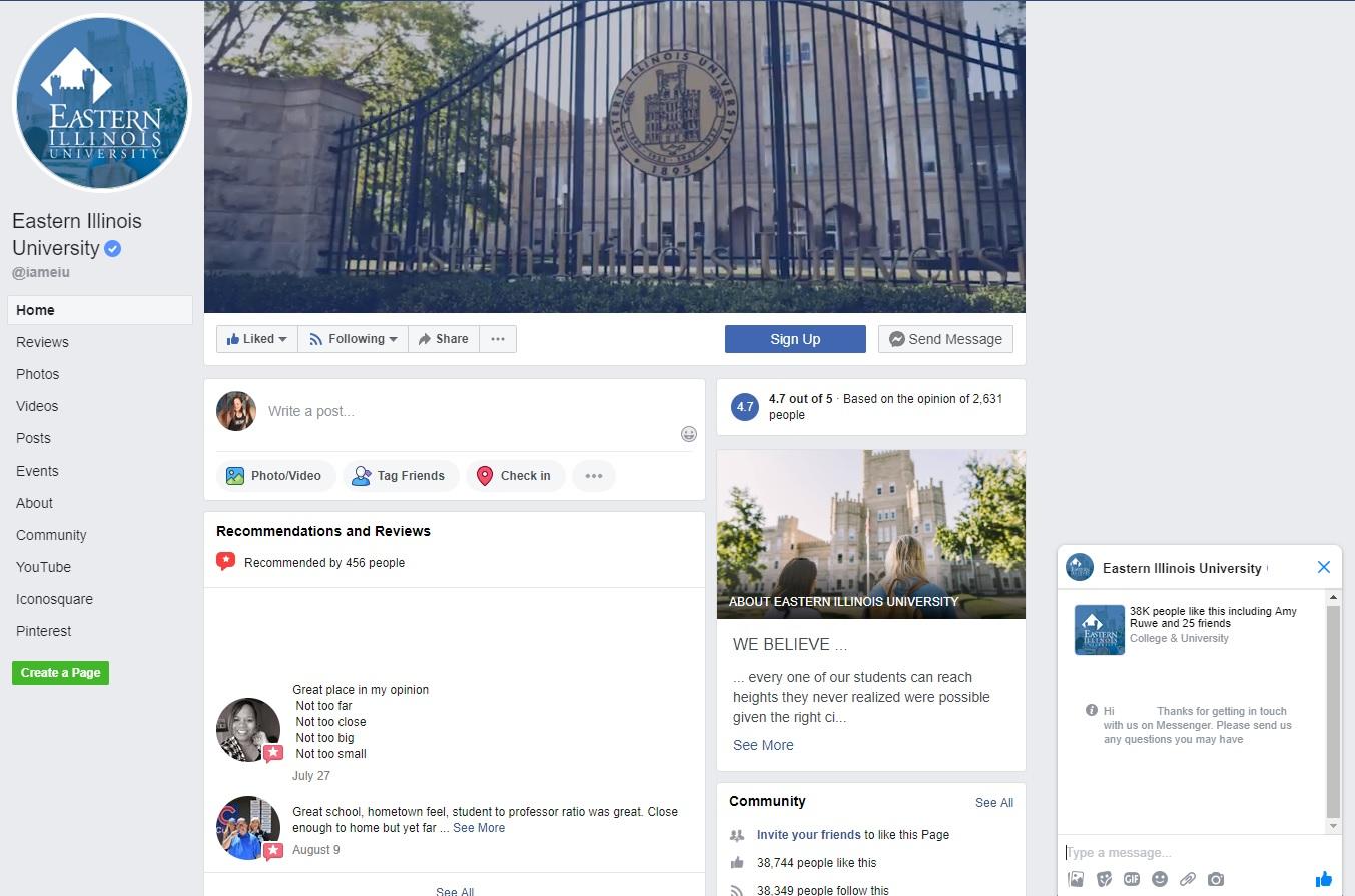 Universitas Illinois Timur menawarkan banyak cara bagi prospek untuk terhubung melalui halaman Facebook mereka