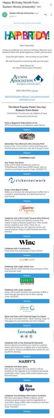 Campanie de e-mail pentru ziua de naștere Trimisă de Eastern Illinois University
