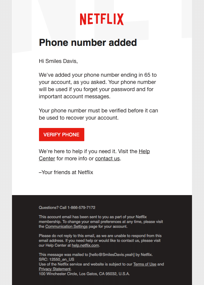 email dari Netflix memberi tahu pelanggan bahwa nomor telepon telah ditambahkan ke akun mereka dan perlu diverifikasi.