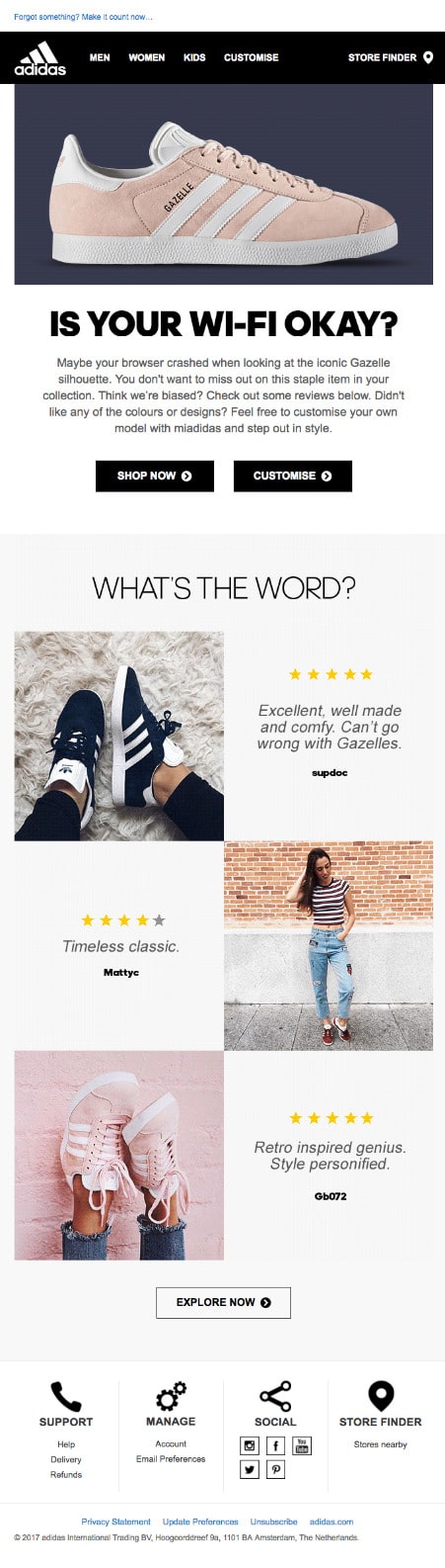 Adidas melakukan pekerjaan yang baik untuk memberi tahu pelanggan tentang keranjang mereka yang ditinggalkan dengan cara yang kreatif.