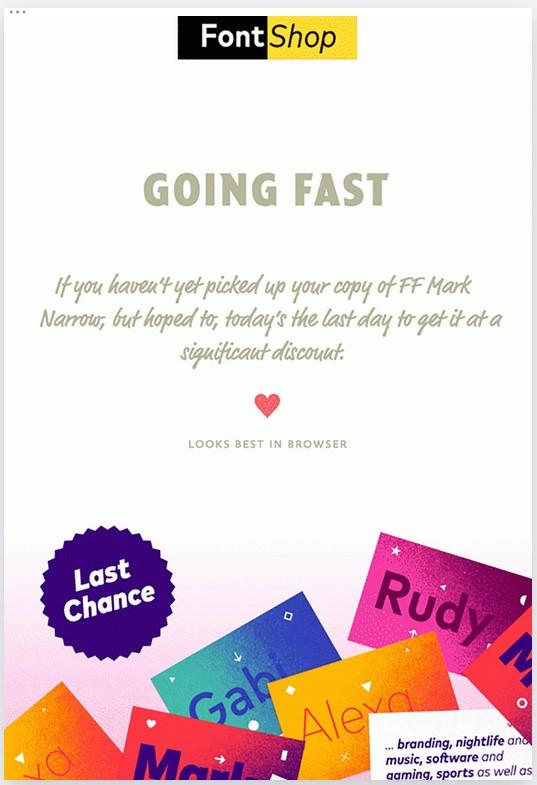 FontShopは、「速く進む」や「最後のチャンス」などのフレーズを利用して、フォントフェイスのコピーをダウンロードするように人々を促します。