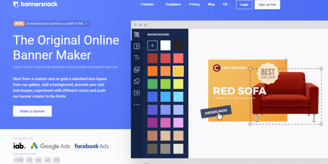 Bannersnack é um construtor de banner intuitivo de arrastar e soltar que permite criar banners do zero ou um modelo na extensa biblioteca de modelos.