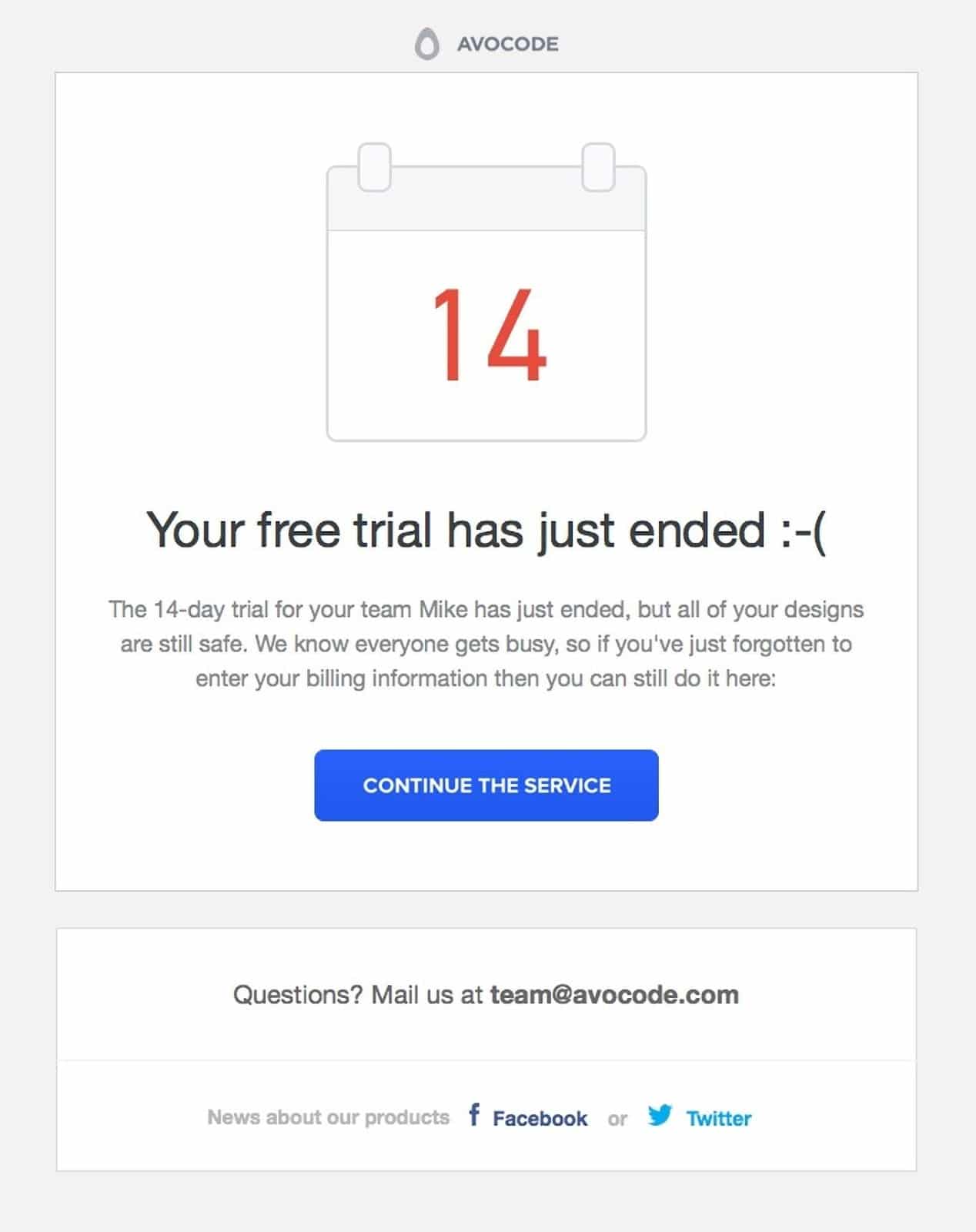 Exemplo de e-mail Avocode