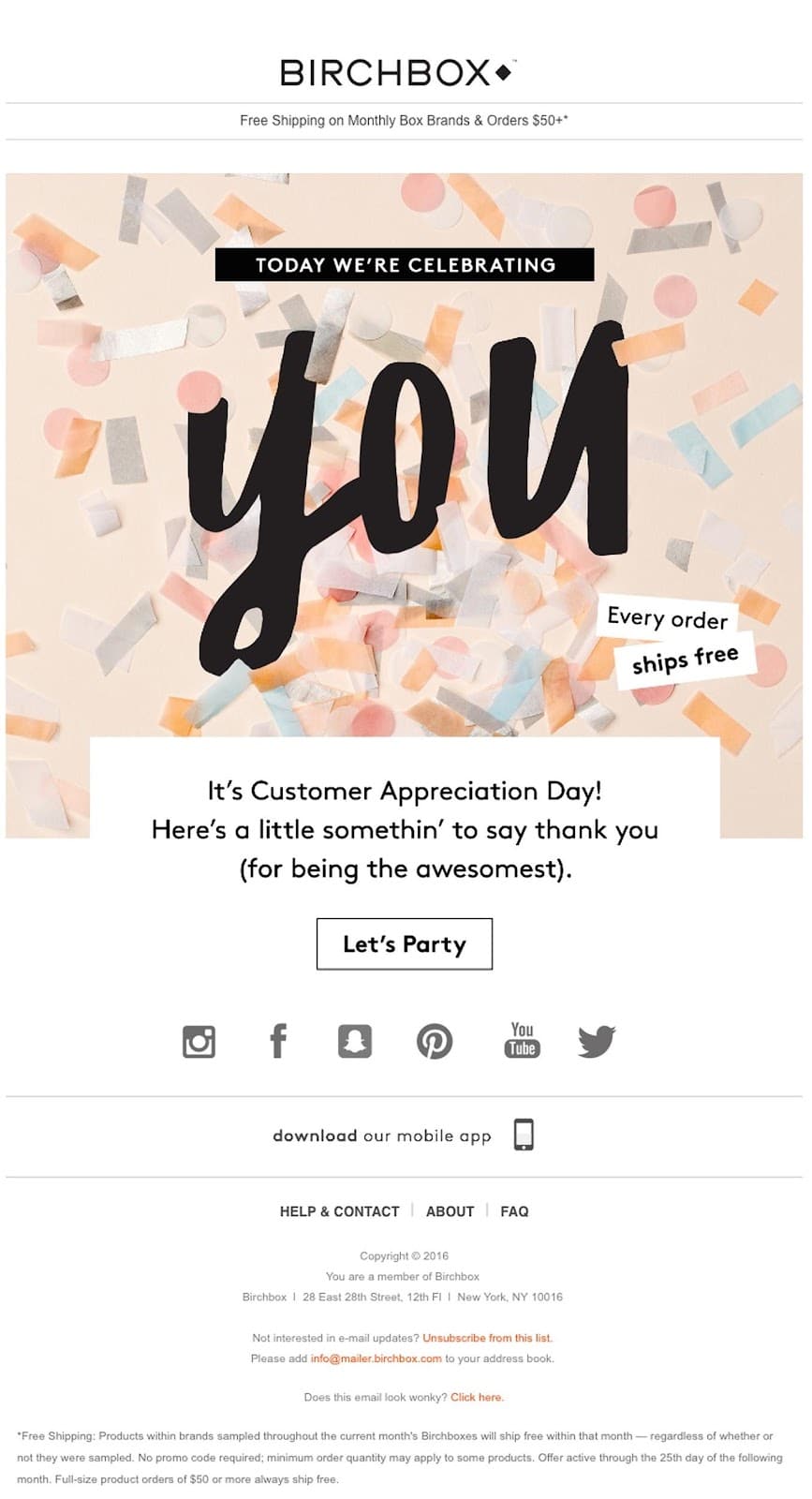 Birchboxの顧客感謝メールの例