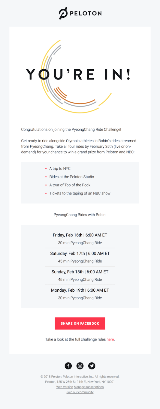 Courriel du Peloton PyeongChang Ride Challenge