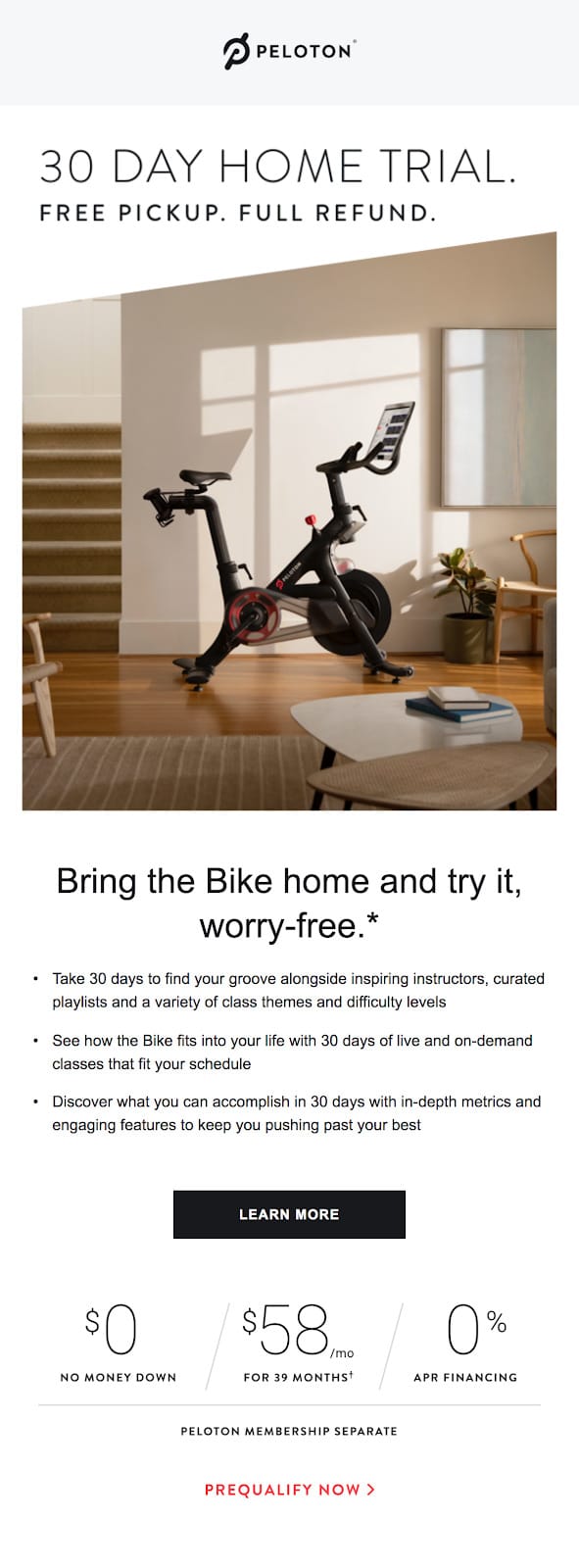 E-mail d'essai de 30 jours Peloton