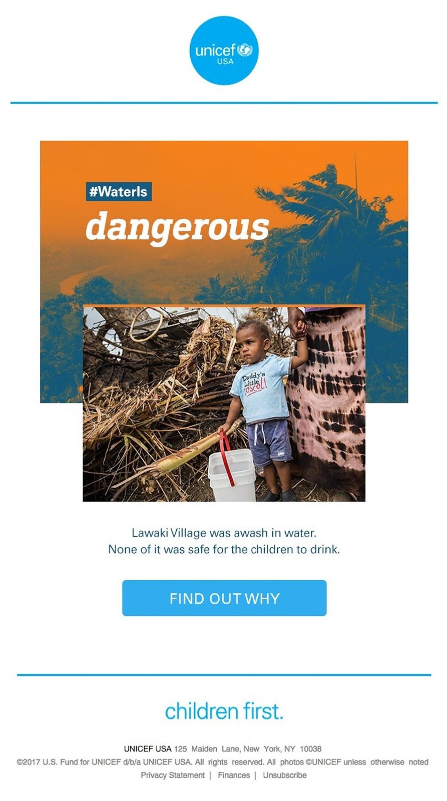 El correo electrónico de consistencia de marca puntual de UNICEF presenta una plantilla minimalista y colores de marca azul/naranja.