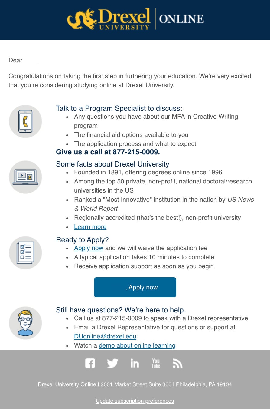 Folgen Sie dem Beispiel der Welcome Journey-E-Mail der Drexel University an Studieninteressierte.