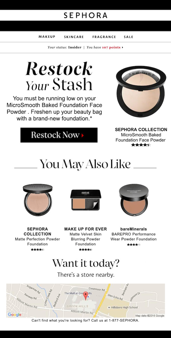 sephora-collection-newsletter: a Sephora envia um e-mail de 'reabastecer seu estoque' conectando sua marca em um nível pessoal.