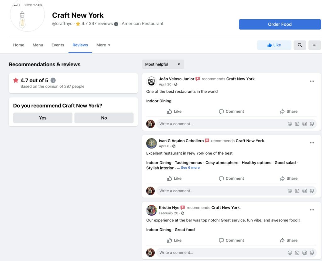 craft new york'ta müşteri incelemeleri örneği