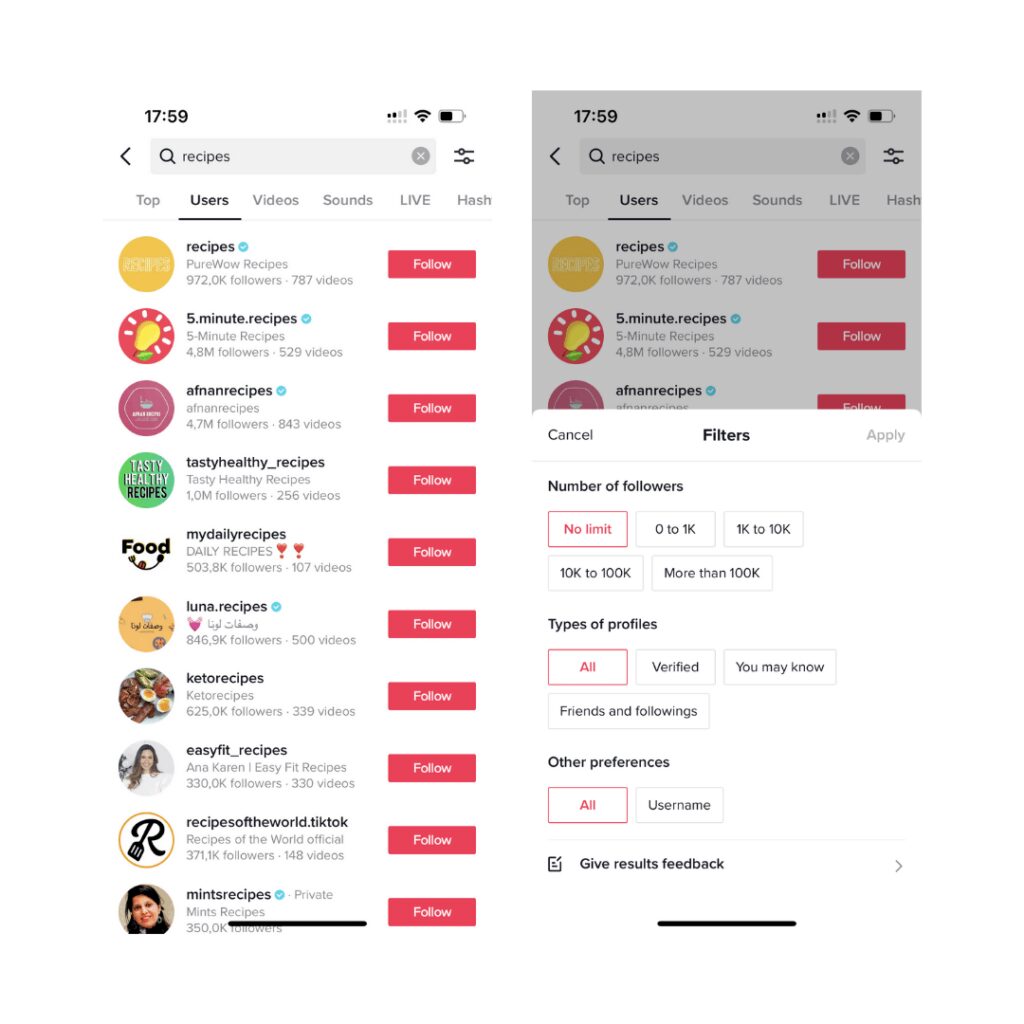 TikTok-Benutzer suchen und filtern