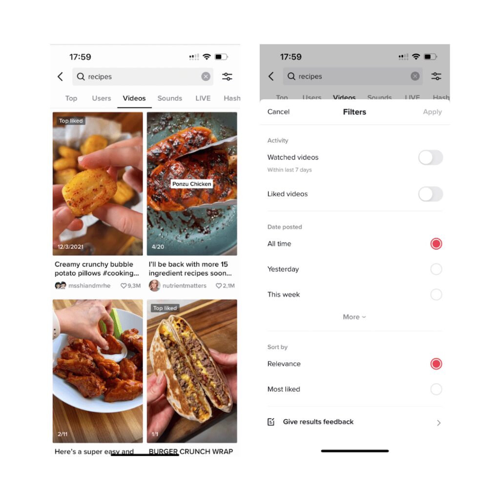 Suche und Filterung von TikTok-Videos