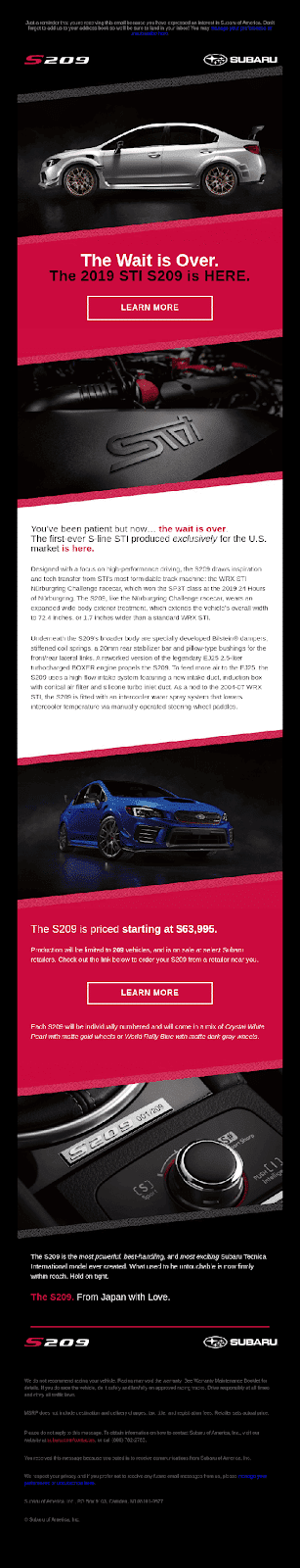Subaru ürün lansman e-postası