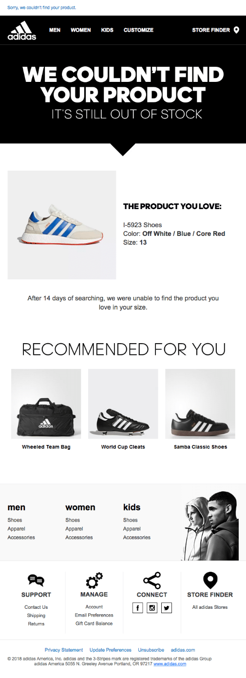 Adidas stokta yok e-posta bildirimi