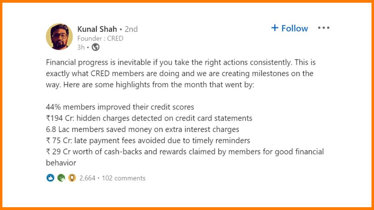 Kunal Shah teilte den finanziellen Fortschritt von Cred auf LinkedIn mit