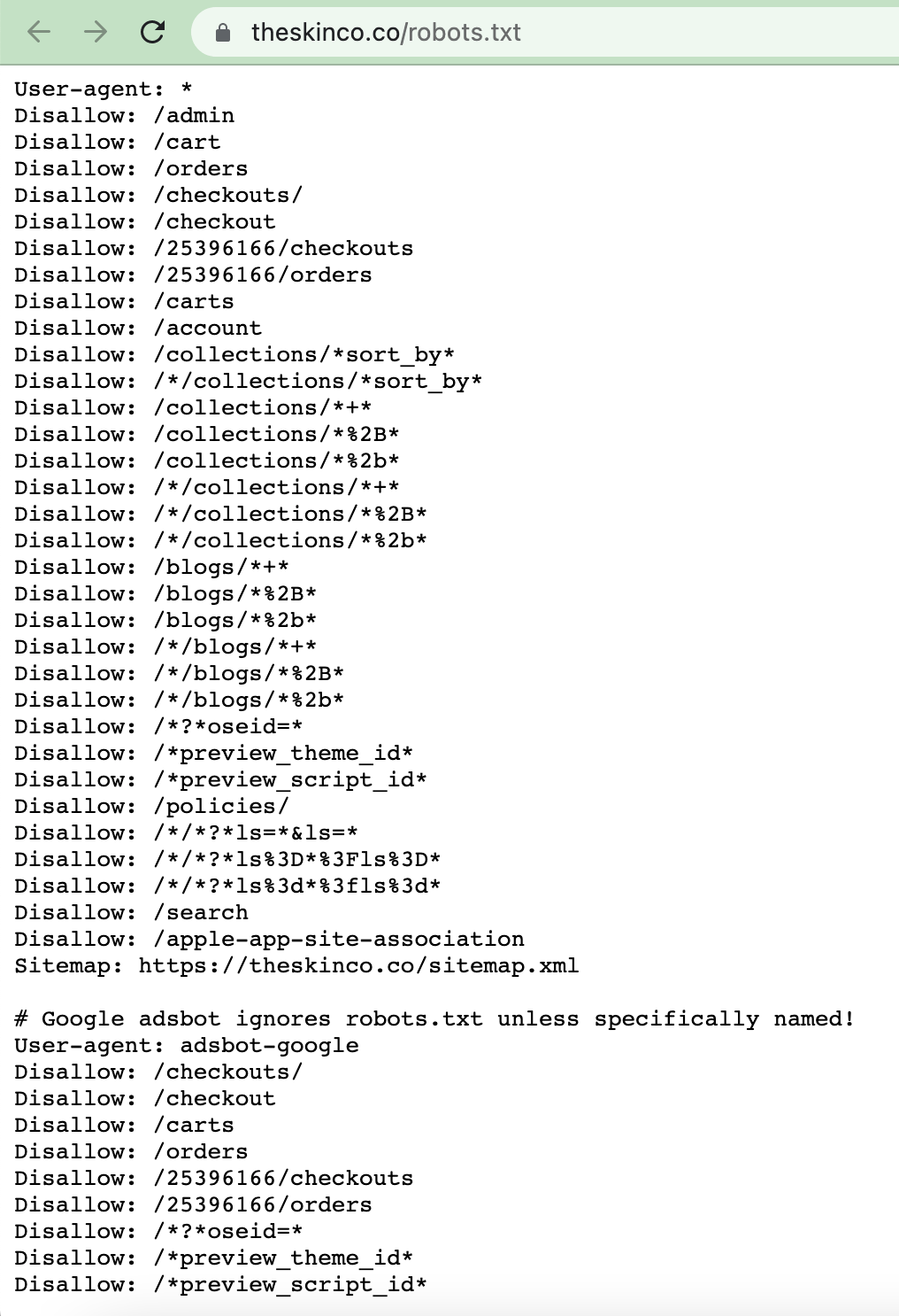 Beispiel für eine robots.txt-Datei von Shopify