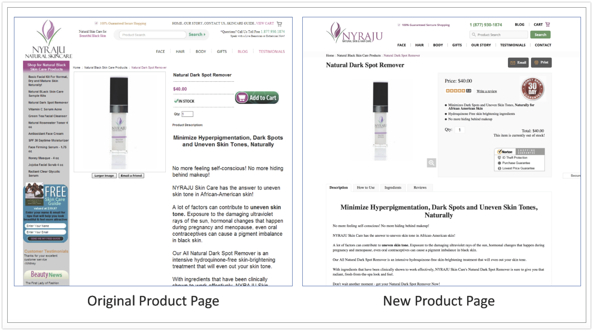 Nyraju Pagina de produs original vs nou