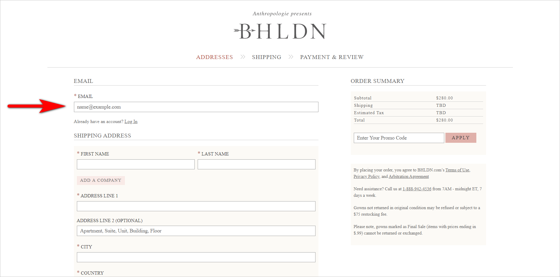 ecommerce checkout best practices - capturing the email address early example - the first page of bhldn.com's checkout with e-mail as the first field the user has to fill in 