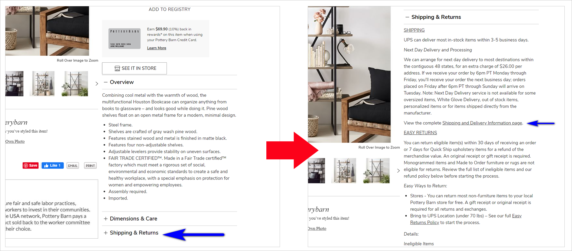 side by side images of potterybarn.com's pdp - the image on the left has "shipping & returns" in a collapsed state. on the right side, "shipping & returns" is expanded and shows a block of text with a "shipping and delivery information page" link 