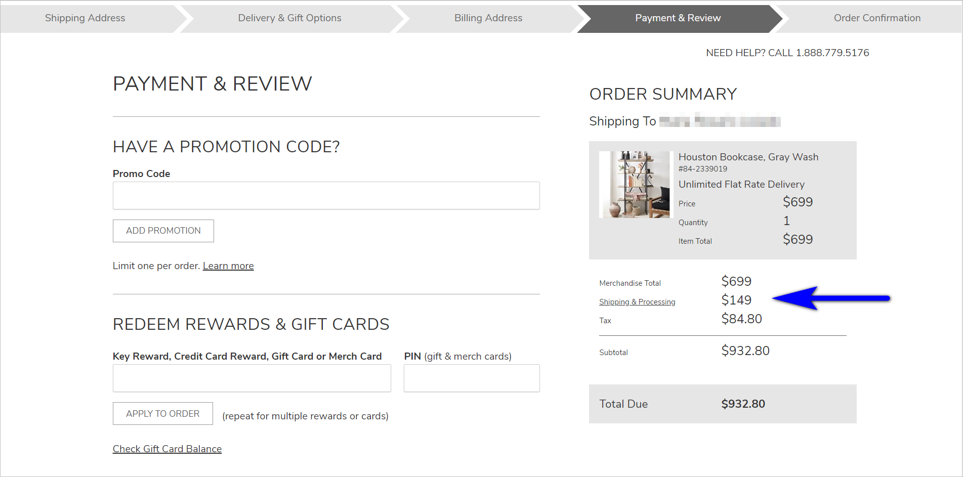 potterybarn.com's payment & review page - the order summary on the right side includes the product name and image, the merchandise total, shipping & processing, and tax