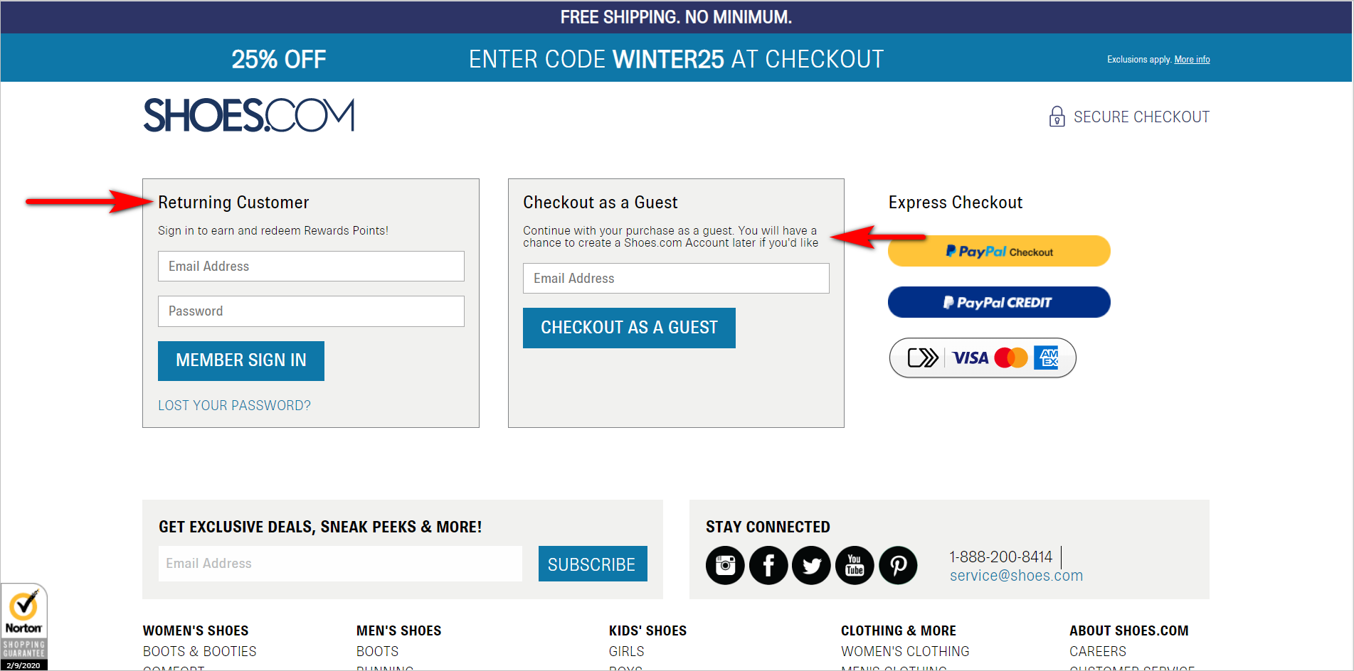 ecommerce checkout best practices - allowing guest checkout example - shoes.com checkout with login option for returning customers and an e-mail address field for guest checkout