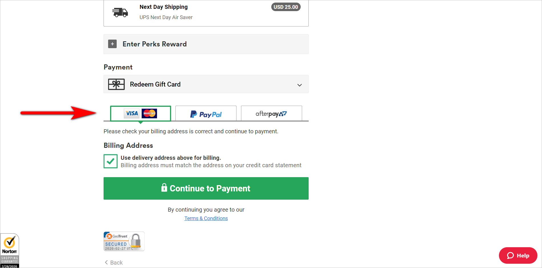 using data to determine how to list options example - a portion of cottonon.com's checkout page showing the payment methods displayed side by side. The credit card option (with the logos of visa, mastercard, and amex) is in the left-most side, paypal is in the middle, and afterpay is in the right-most portion