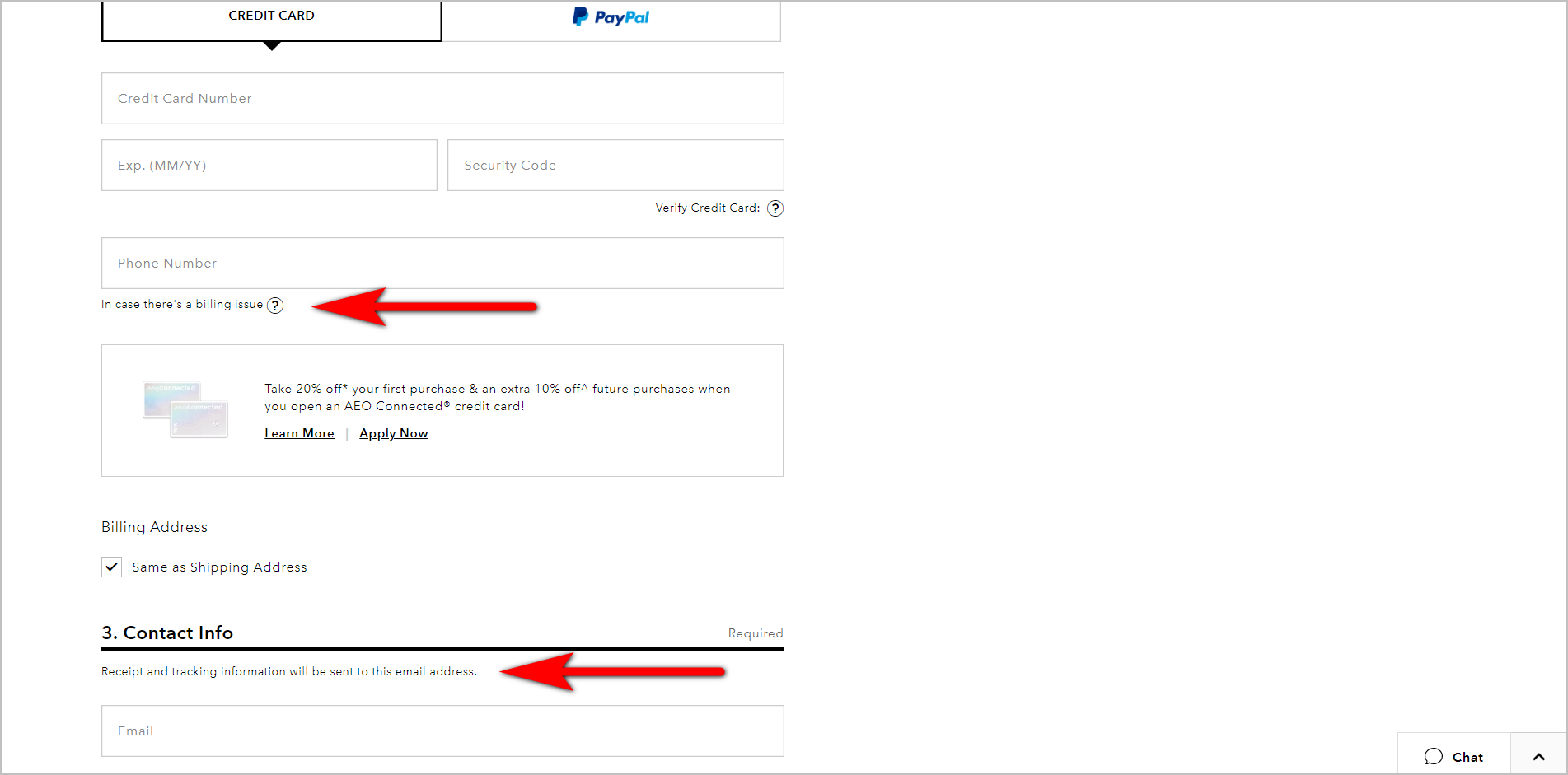 informing the user why information is necessary example - a portion of ae.com's checkout page. under the phone number field, it says "in case there's a billing issue" with a clickable question mark icon. above the email address field, it states "receipt and tracking information will be sent to this email address"