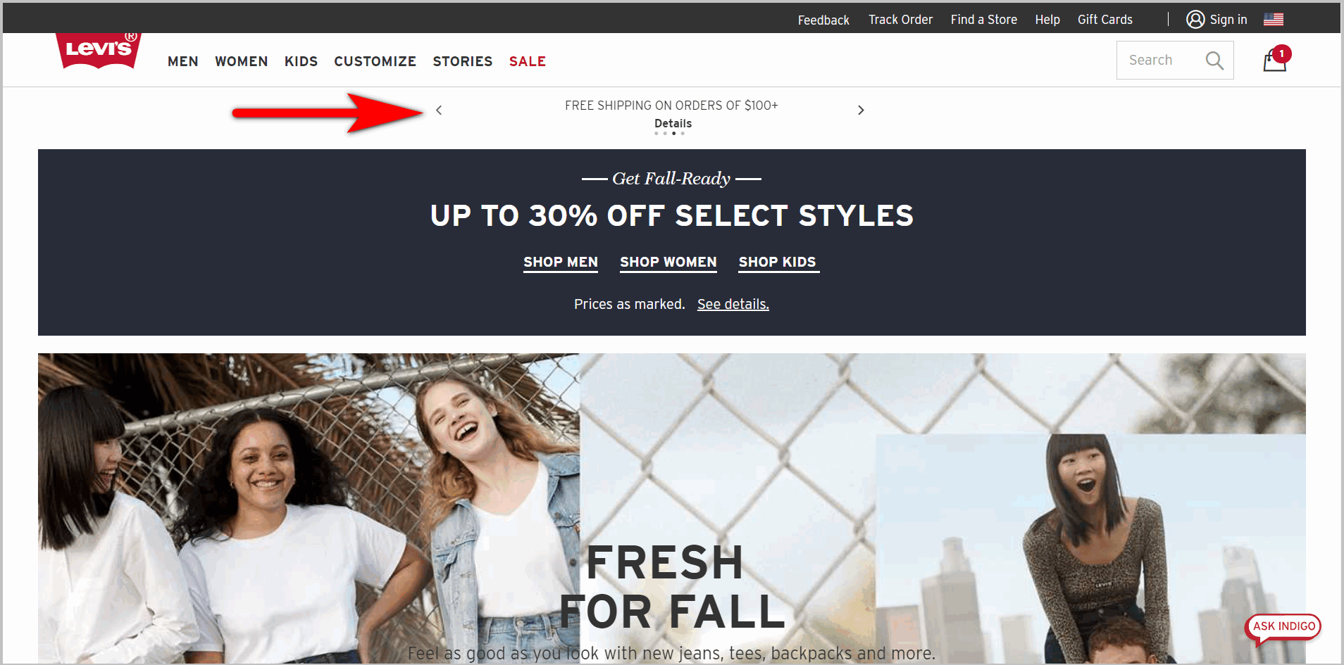 หน้าแรกของ Levi.com leveraging free shipping example- levi.com's homepage with message "free shipping on orders of $100+" that's bound to be missed by visitors because it's hidden in a small rotating slider below the top nav bar