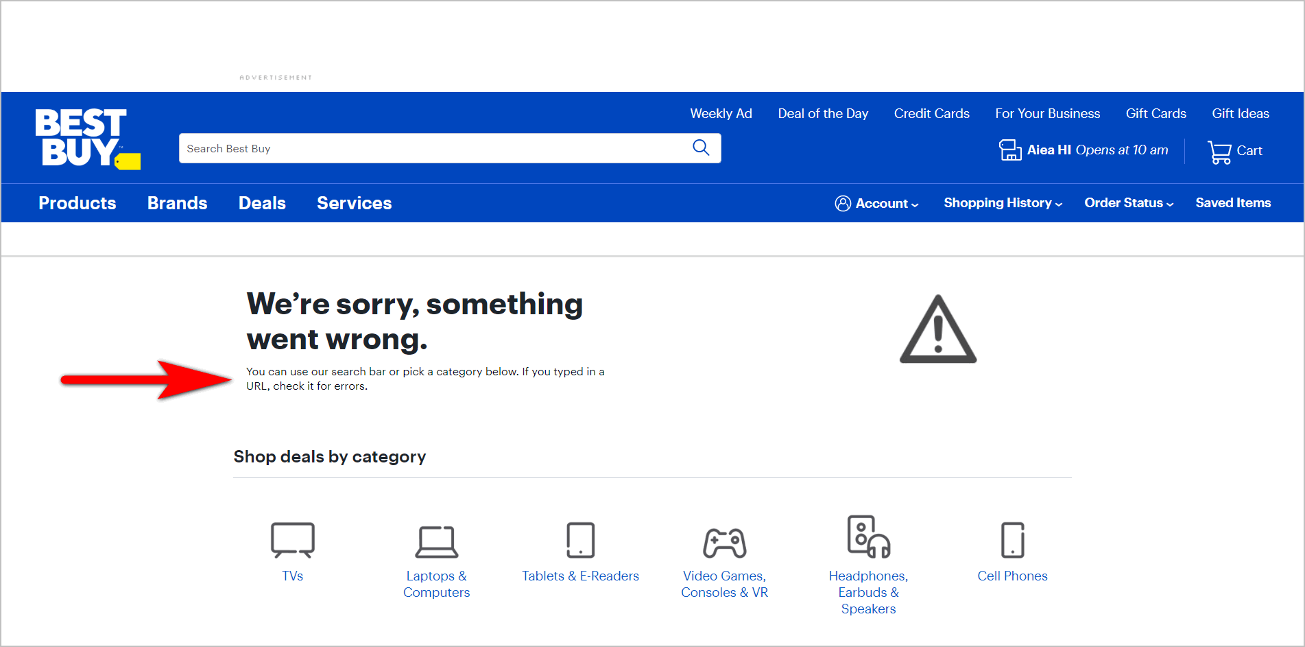 BestBuy.com 404 หน้าแสดงข้อผิดพลาด holiday e-commerce recommendation: helping users recover on a 404 page example- bestbuy.com's 404 page with message "we're sorry, something went wrong" plus suggestions to use search bar, to choose one of the product categories presented below, or to check the URL the user typed in for errors