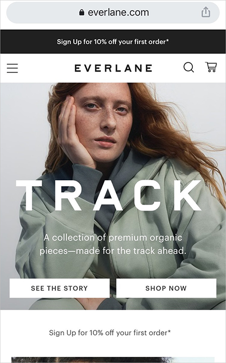 Mobilna strona główna Everlane.com mobile experience example - everlane's mobile homepage