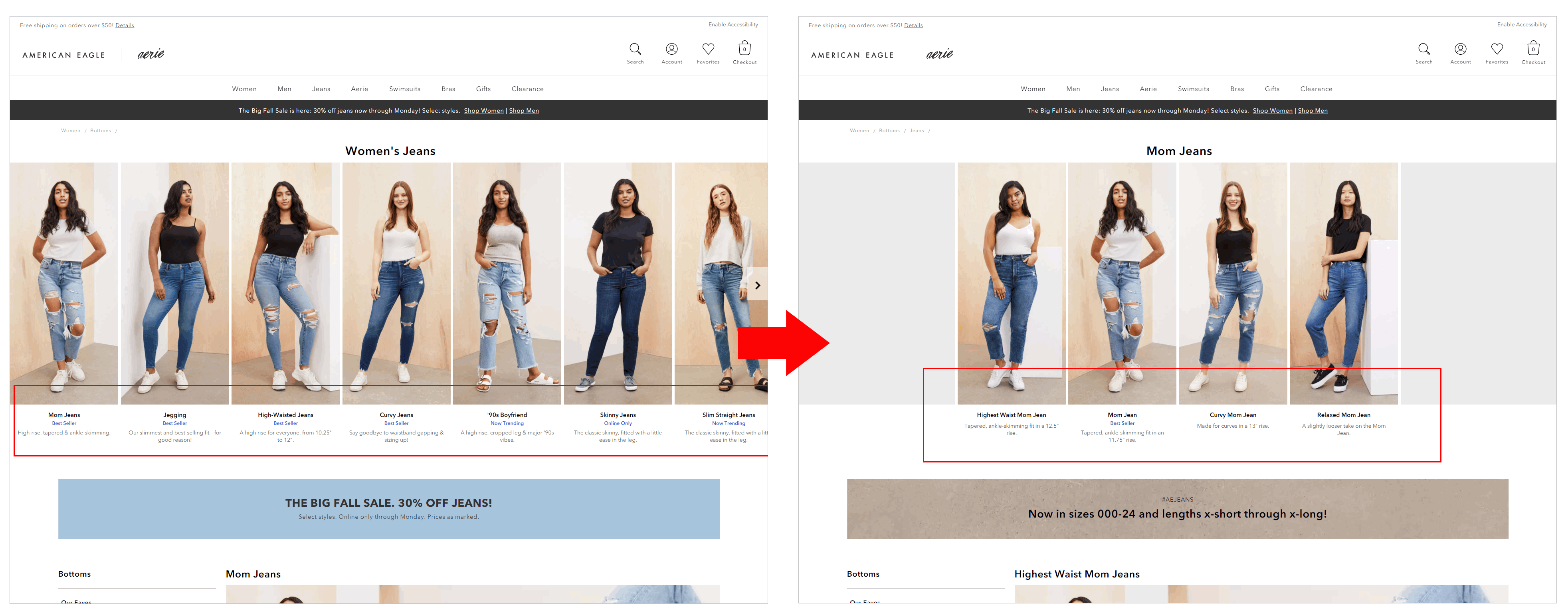 American Eagle Produktkategorieseiten helping ecommerce shoppers make a choice example - american eagle's wizard-like experience. the page on the left shows visual navigation for different types of women's jeans including mom jeans, jegging, high-waisted jeans, etc. the page on the right shows what happens when the shopper clicks on mom jeans: they're show another visual navigation, this time with the different types of mom jeans