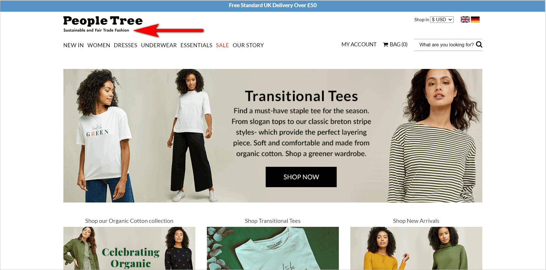 People Tree Homepage conversion rate optimization for e-commerce - conveying usp immediately example - peopletree.co.uk's tagline below the logo in the upper left corner of the page says