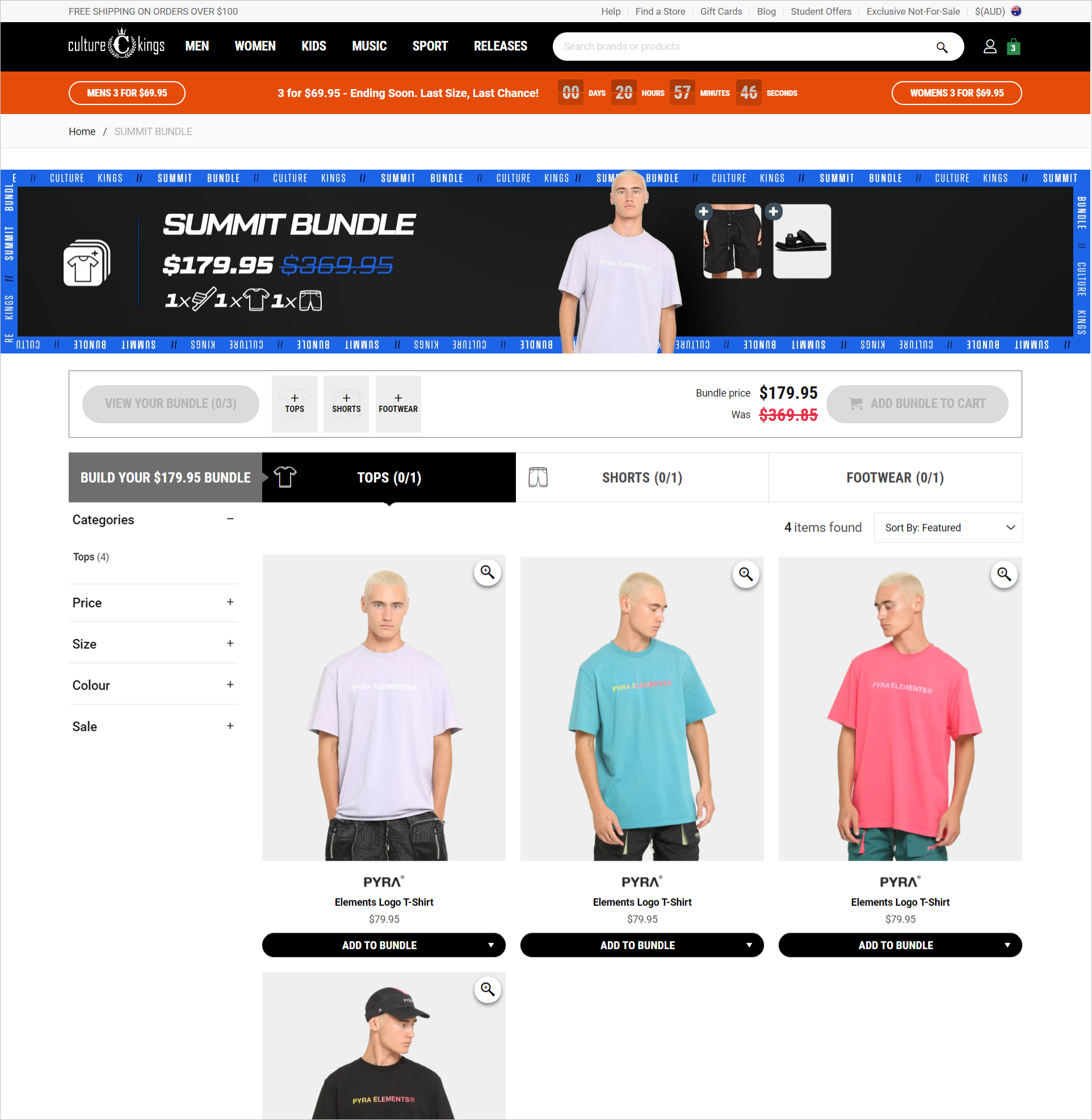 Vorgebündelte Produkte von Culture Kings ecommerce bundled products example - culturekings.com.au's summit bundle page allows shoppers to shop an entire look by picking a pre-bundled set of products including a top, a pair of shorts, and a footwear