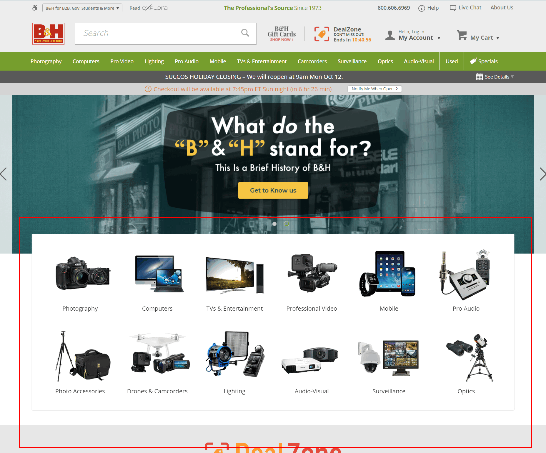 B&H-Homepage conversion rate optimization for e-commerce - good visual navigation example - bhphotovideo.com's homepage with composite images that represent different product categories