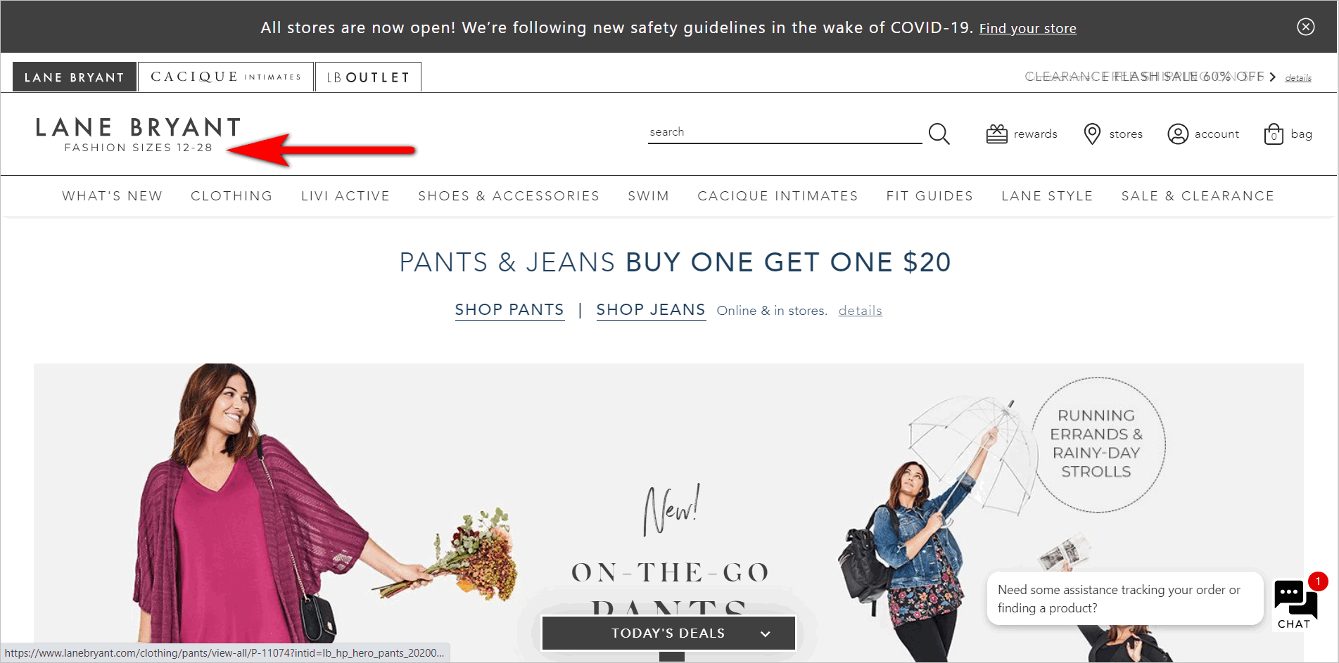 Lane Bryant-Homepage conversion rate optimization for e-commerce - conveying usp immediately example - lanebryant's tagline below the logo in the upper left corner of the page says