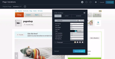 Imagem da interface de edição de página da ferramenta de teste Convert A/B