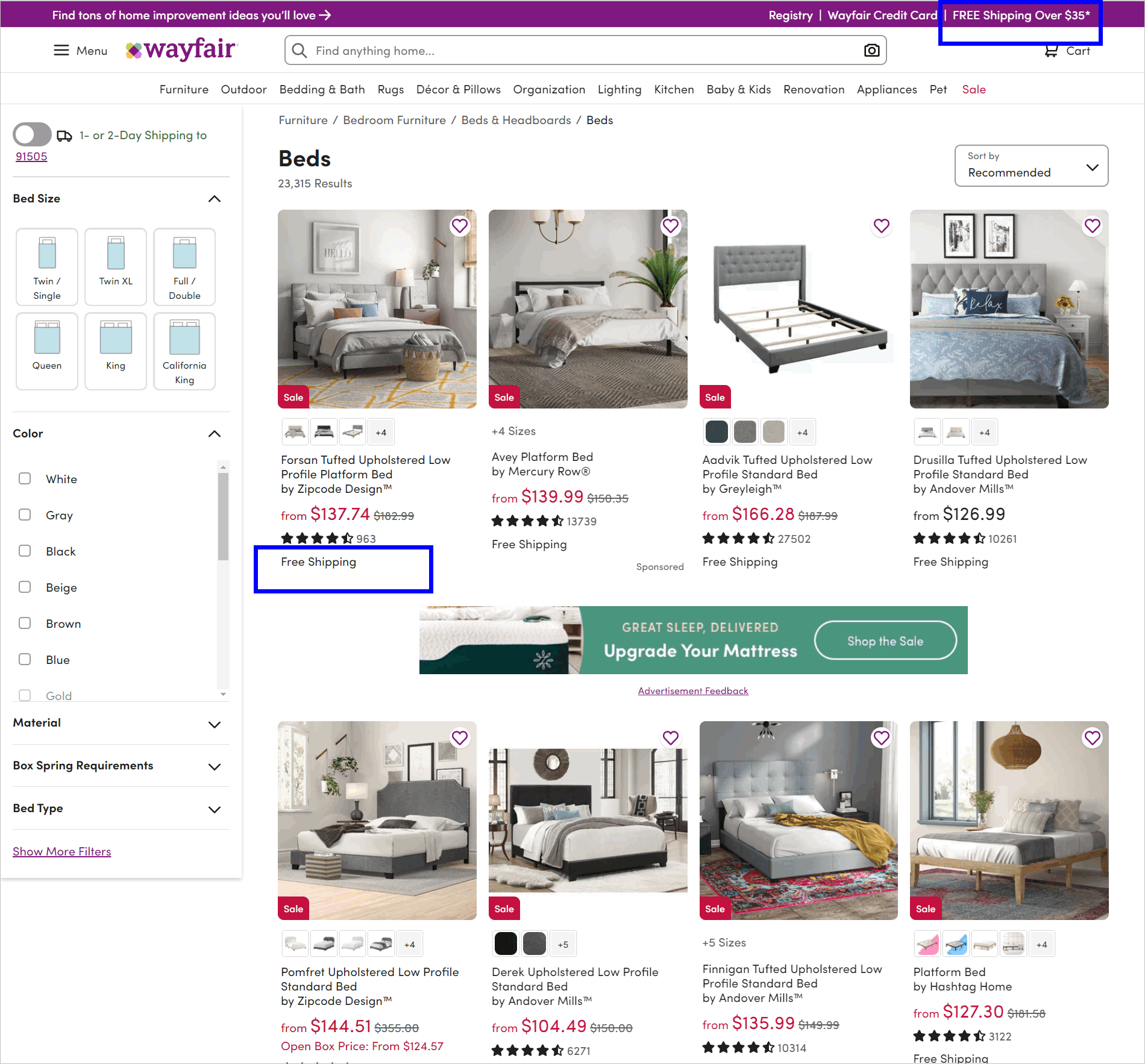 Strona kategorii Wayfair.com upfront fees example - wayfair.com's category page for beds has